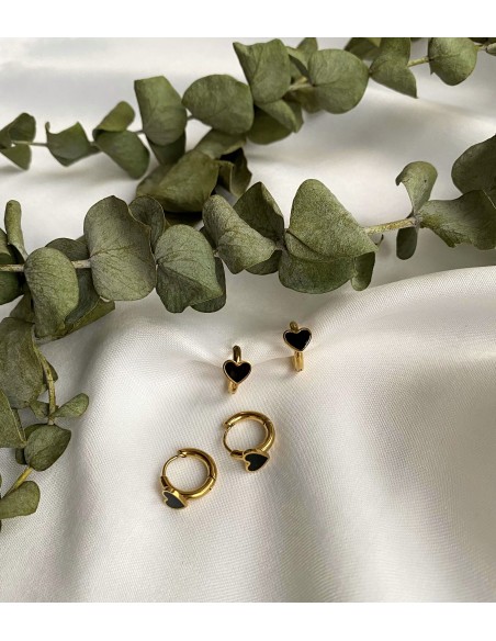 Aros Corazón Negro Mini | Bacu Joyas y Complementos