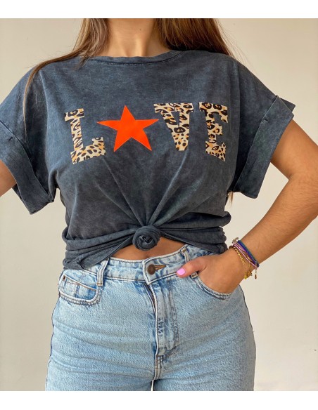 Camiseta Love Animal Print y Estrella Flúor - Bacu Joyas y Complementos